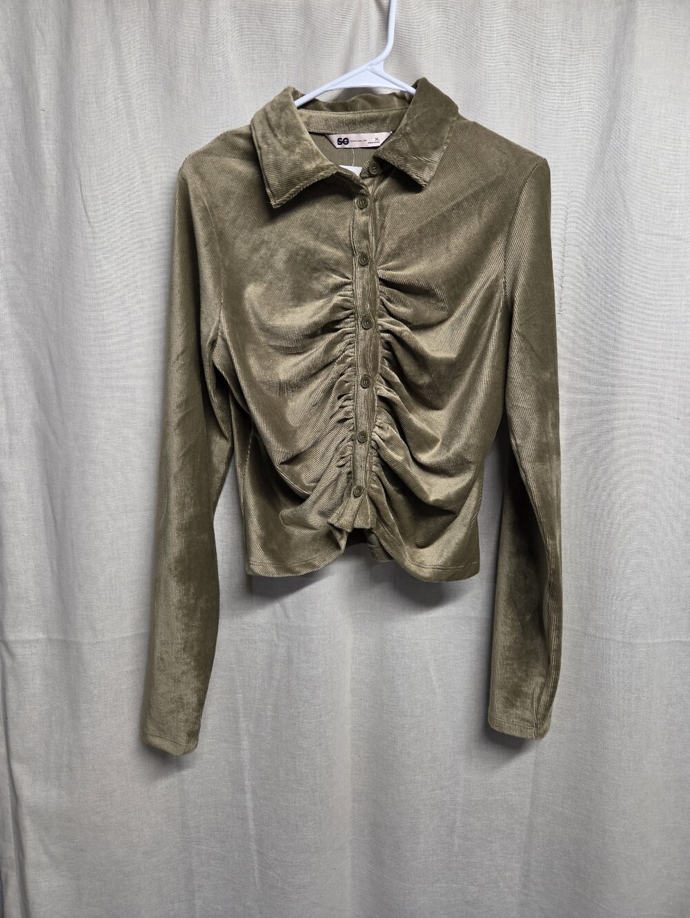SO - Soft Olive Velvet Like Ruched Front Button-Down Long Sleeve Top